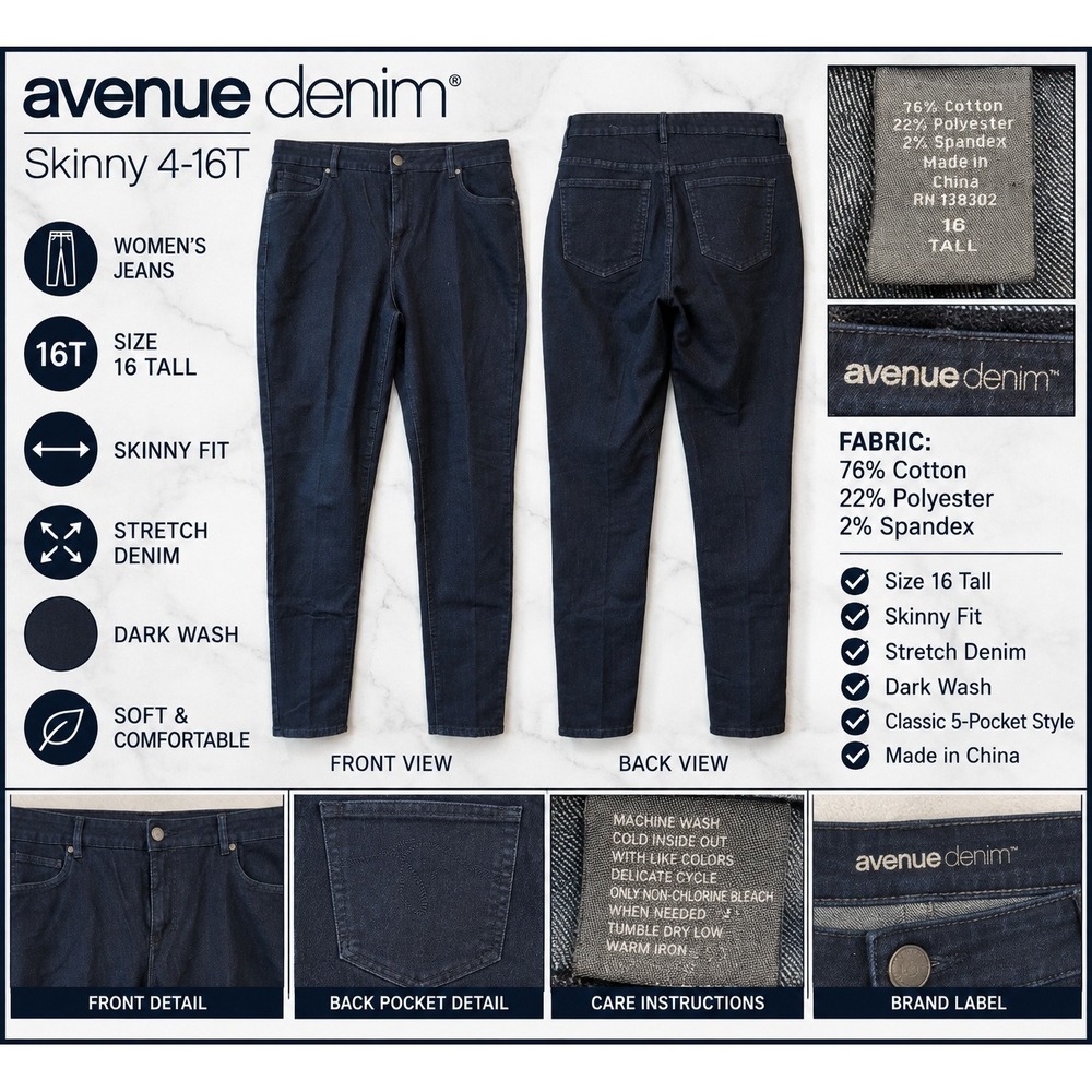 Avenue Denim Skinny Jeans Dark Wash Stretch Tall Size 16T Womens 5-Pocket